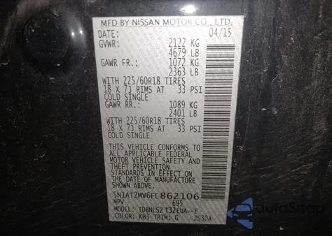 2015 Nissan Rogue Sl from USA, damaged, VIN 5N1AT2MV6FC862106